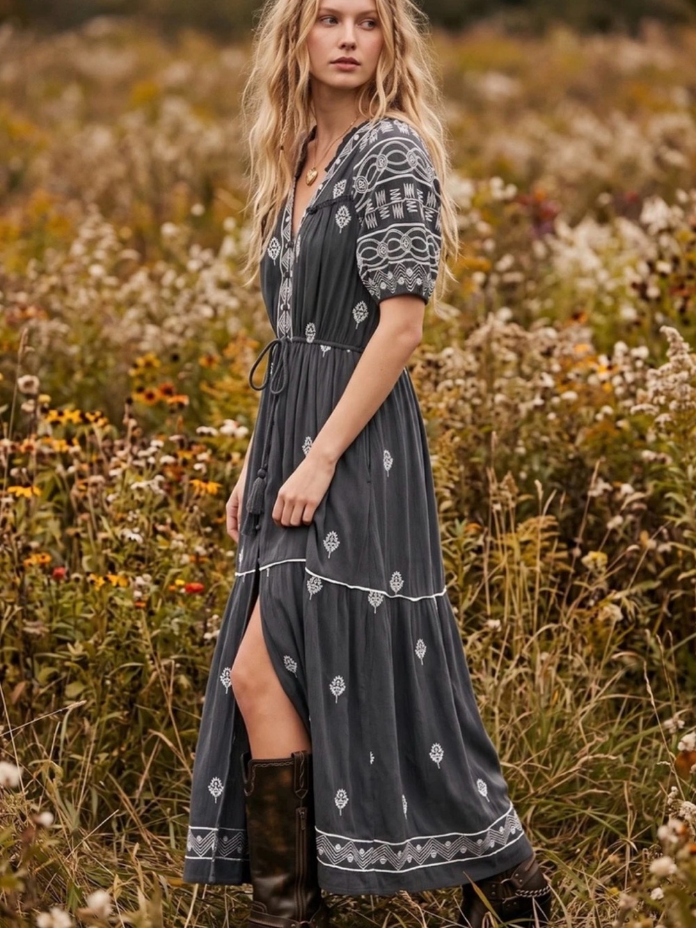 Free People Riley Bohemian Embroidered Maxi Dress in Dusty Teal Size Small